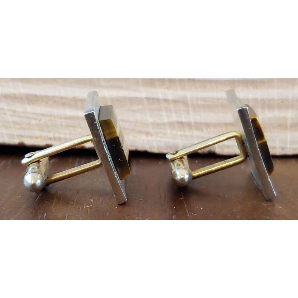 Vtg Swank Gold Brown Striations Stone Mounted, Gold Tone Metal Square Cuff Links